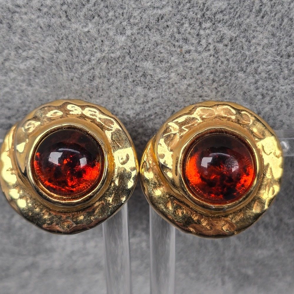 Carolee Vintage Gold Tone Hammered Faux Amber Resin Clip On Designer Earrings